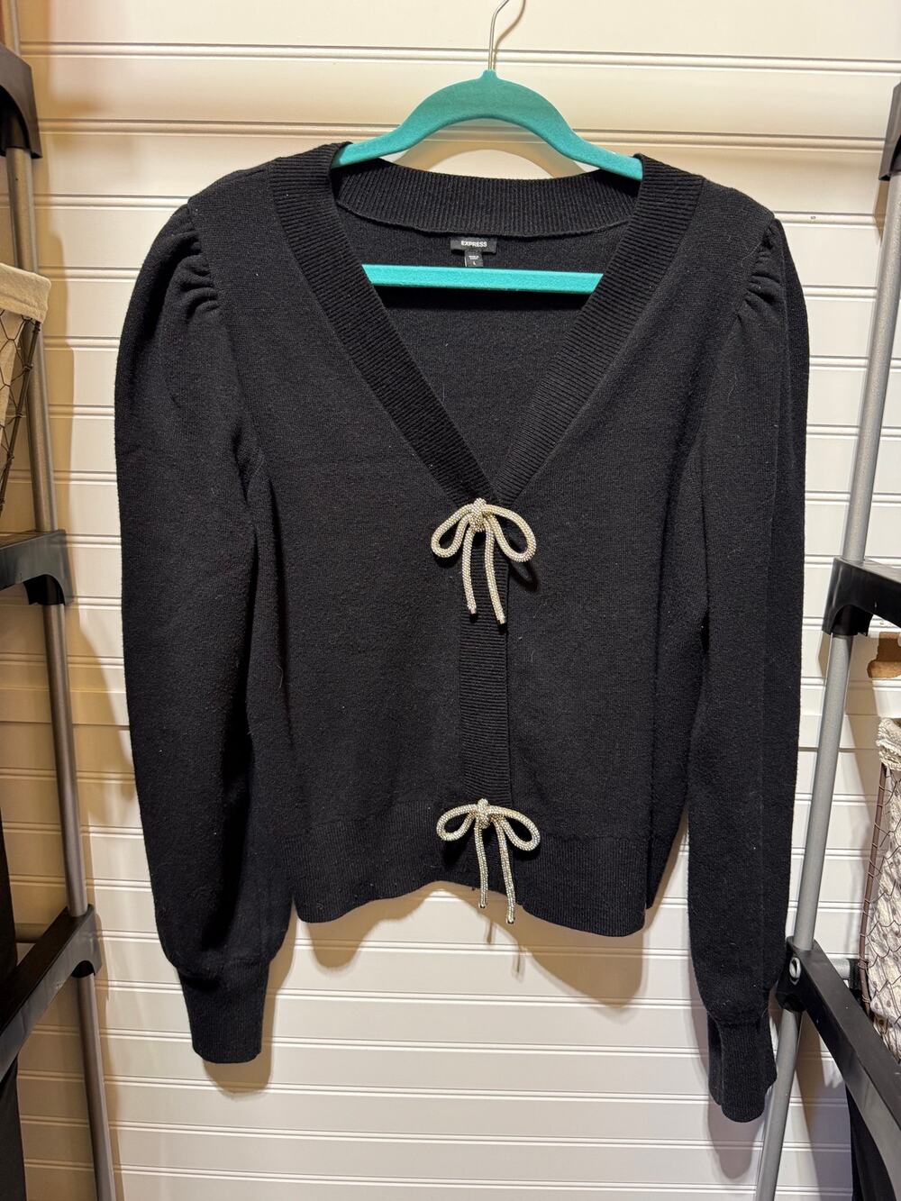 Express Long Sleeve VNeck Puff Sleeve Embellished Bow Cardigan Size L